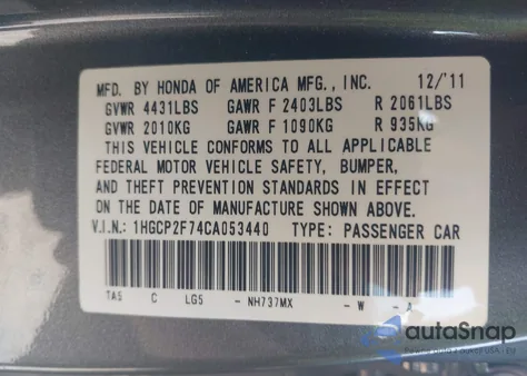 2012 Honda Accord 2.4 Ex from USA, damaged, VIN 1HGCP2F74CA053440